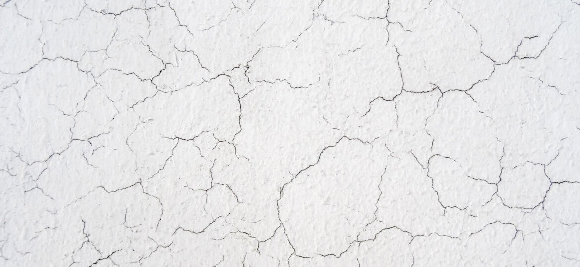 A close-up of a white, cracked paint surface creating an intricate pattern of lines and textures, indicative of crazing.