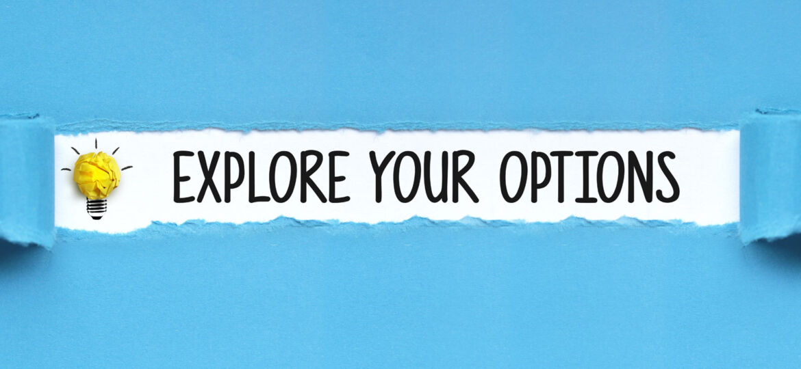 A creative presentation featuring a light bulb made from a crumpled piece of yellow paper under a torn blue paper revealing the phrase 'EXPLORE YOUR OPTIONS'. The concept symbolizes innovative thinking and the exploration of possibilities, depicted in a simple yet impactful visual metaphor.