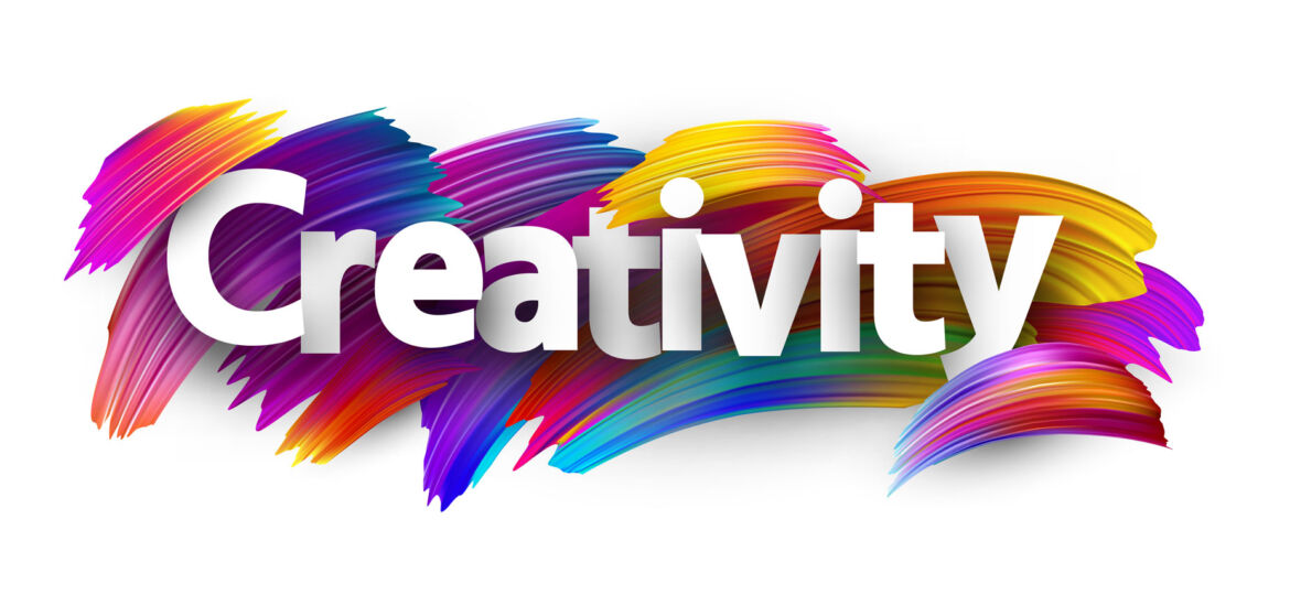 The word 'Creativity' in bold, silver letters, overlaid on a vibrant splash of glossy paint strokes in rainbow colors. The dynamic and colorful background suggests fluidity and the energetic flow of creative ideas for epoxy.