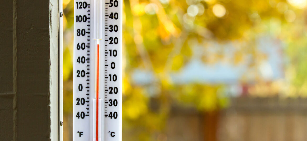 Close-up of a white outdoor thermometer mounted on a vertical surface, displaying temperature readings in both Fahrenheit and Celsius, with the mercury indicating a temperate day. The background is softly focused with golden autumn leaves, suggesting a change of season and a crisp, fall atmosphere leading into winter.
