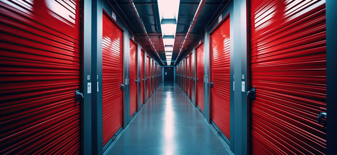 Symmetrical view down a long corridor lined with red storage unit doors on both sides, giving a striking visual contrast against the cool blue-toned lighting. The glossy floor reflects the overhead lights, leading the eye towards the end of the corridor. The scene conveys a sense of order and modern design within a storage facility.