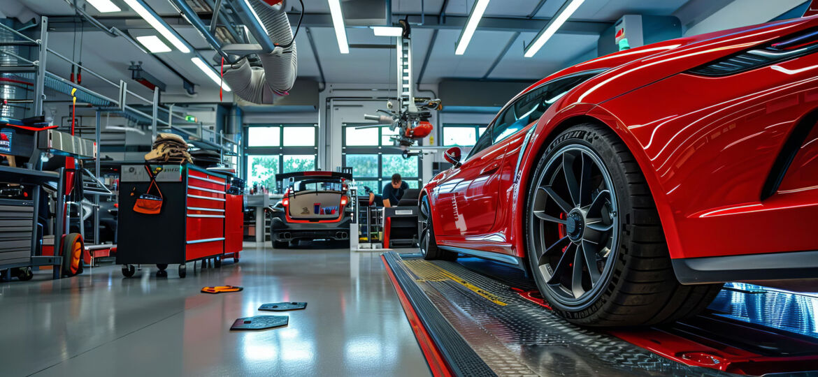 A high-performance red sports car is positioned on an elevated platform in a well-equipped, modern automotive workshop. The car's sleek design and black alloy wheels are prominently displayed. In the background, another car with its hood open is being worked on by a mechanic, who is standing at a workbench. The workshop features various tools, red tool cabinets, overhead lights, and large windows providing natural light. The epoxy floor is clean and reflective, with a few tool cases lying on it.