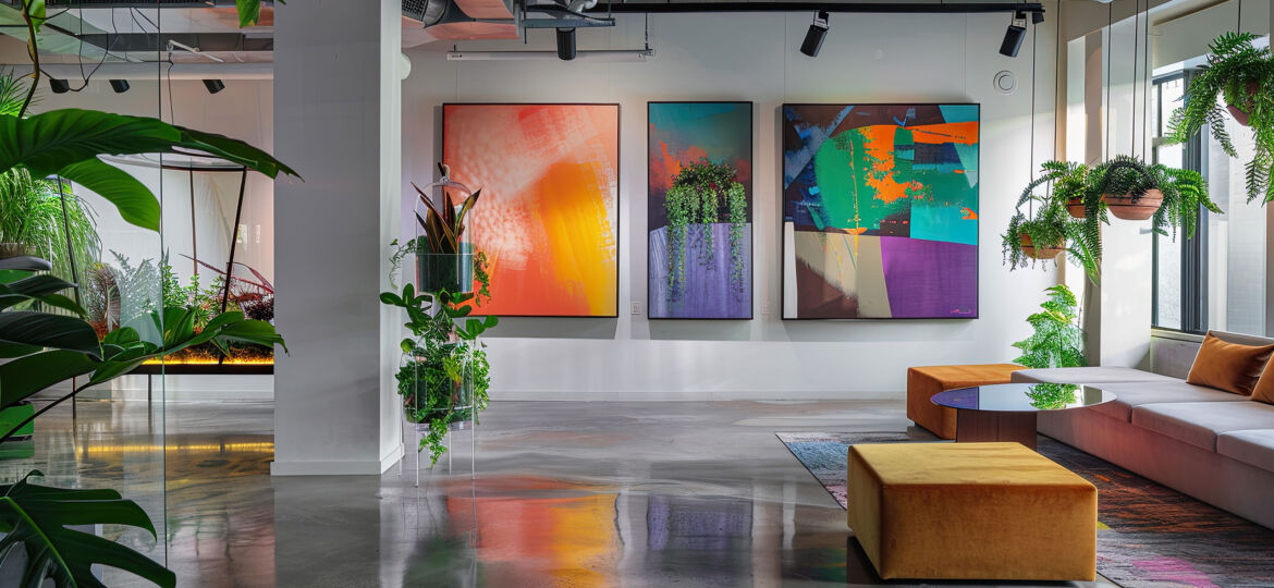 A modern, stylish interior space featuring three large, vibrant abstract paintings on the wall. The paintings are colorful with shades of orange, purple, green, and blue. The room is adorned with various lush green plants, both in pots and hanging from the ceiling. A comfortable seating area with a white sofa and mustard-yellow ottomans surrounds a sleek, round glass coffee table. The polished colored concrete floor reflects the room’s colors and greenery, adding to the contemporary aesthetic. Large windows allow natural light to fill the space, enhancing the bright and airy atmosphere.