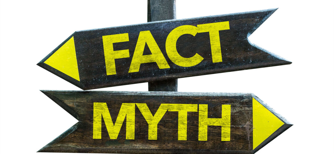 A wooden signpost with two directional arrows: one pointing left labeled "FACT" and the other pointing right labeled "MYTH." Both words are written in bold yellow letters on a dark background.